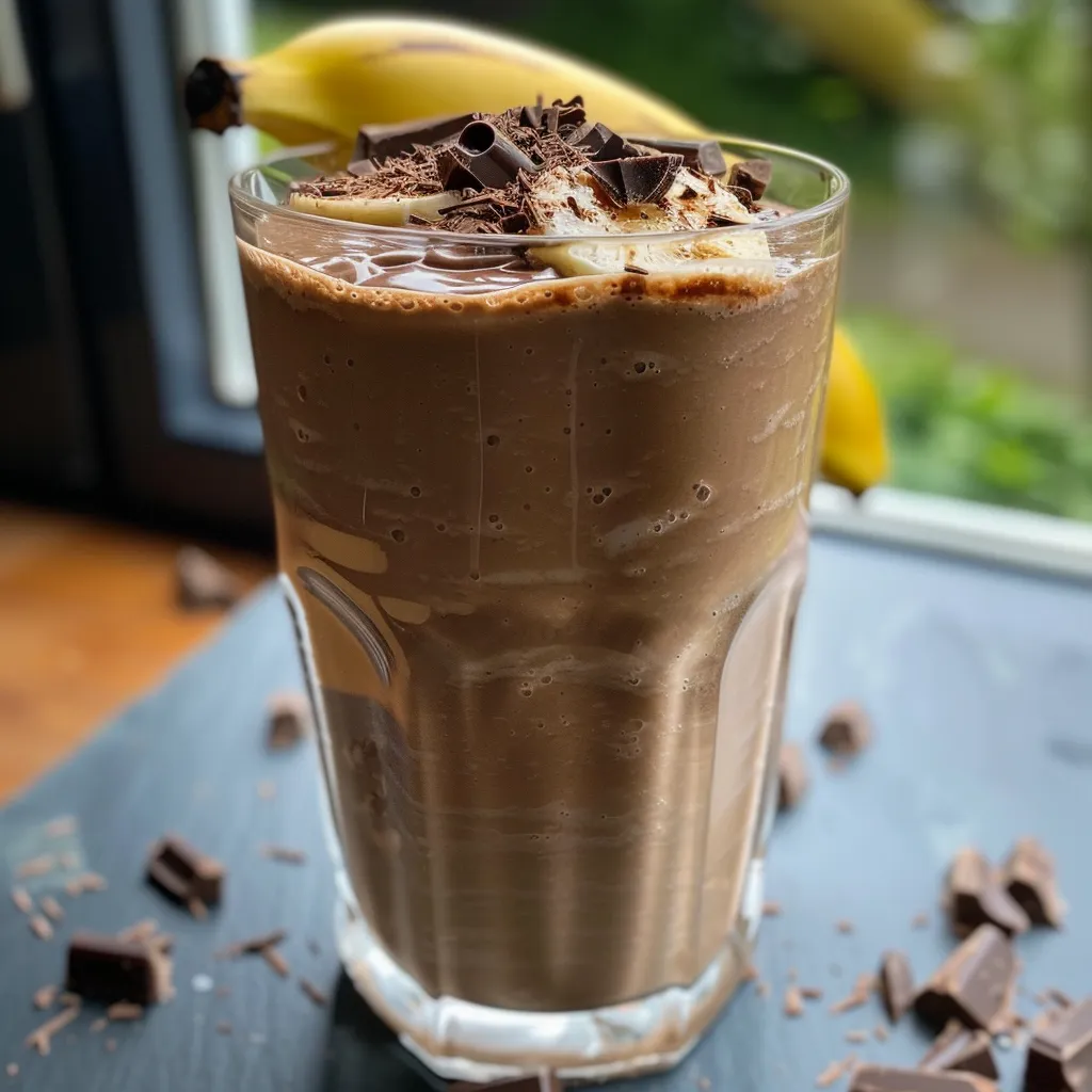 Side perspective of a banana chocolate shake in a glass garnished with a banana slice.
