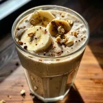 Close-up view of a creamy banana coffee smoothie in a glass, garnished with banana slices and sprinkled cinnamon.