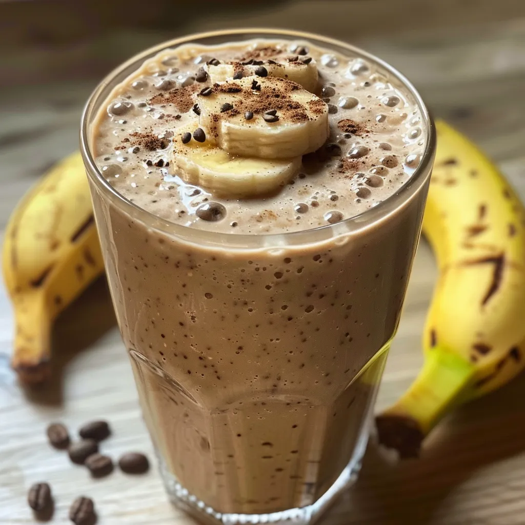 Side view of a refreshing banana coffee smoothie filled with ice, accompanied by oat flakes and honey drizzles.