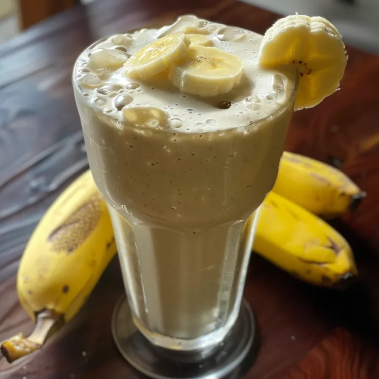 A Creamy Banana Milkshake Sip Into a Tropical Dream Close-up of a creamy banana milkshake in a glass with crushed ice.