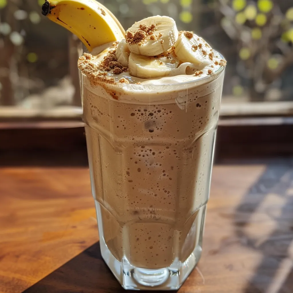 Side view of a delicious banana milkshake topped with ice cubes.