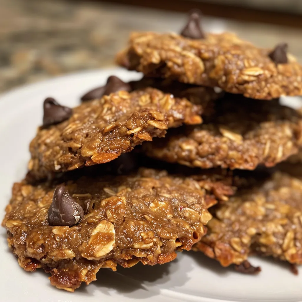 Side view of golden brown banana oat cookies on a rustic tabletop.