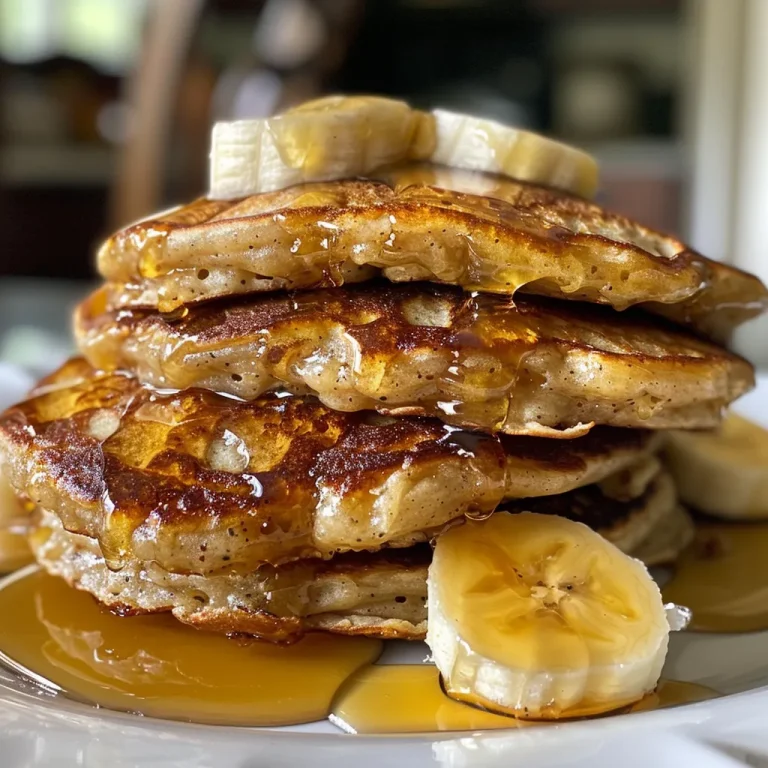 Close-up of golden banana oat pancakes stacked on a plate with a fork beside them.