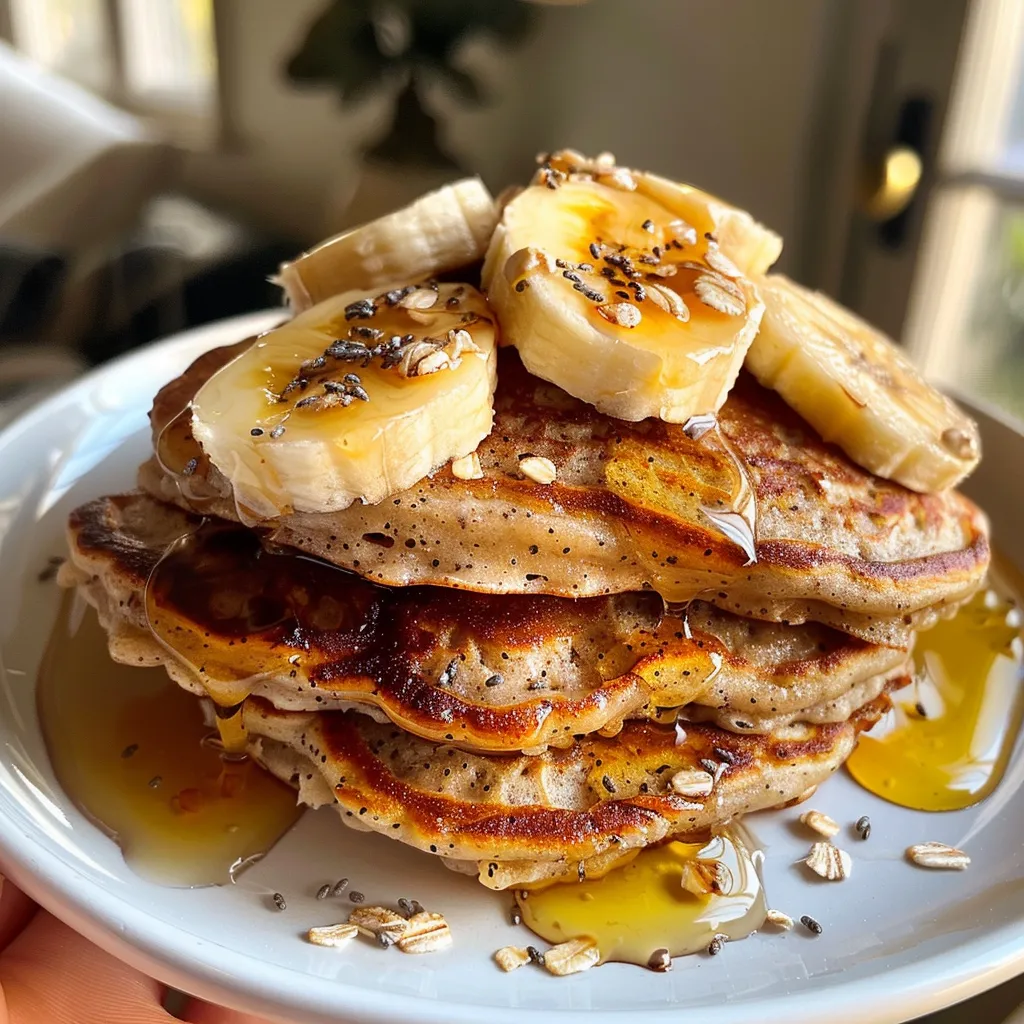 Delicious banana oat pancakes drizzled with syrup and topped with sliced bananas.