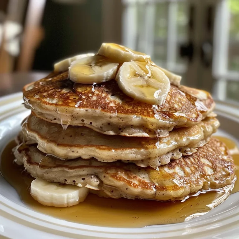Close-up of golden banana oatmeal pancakes stacked on a plate.