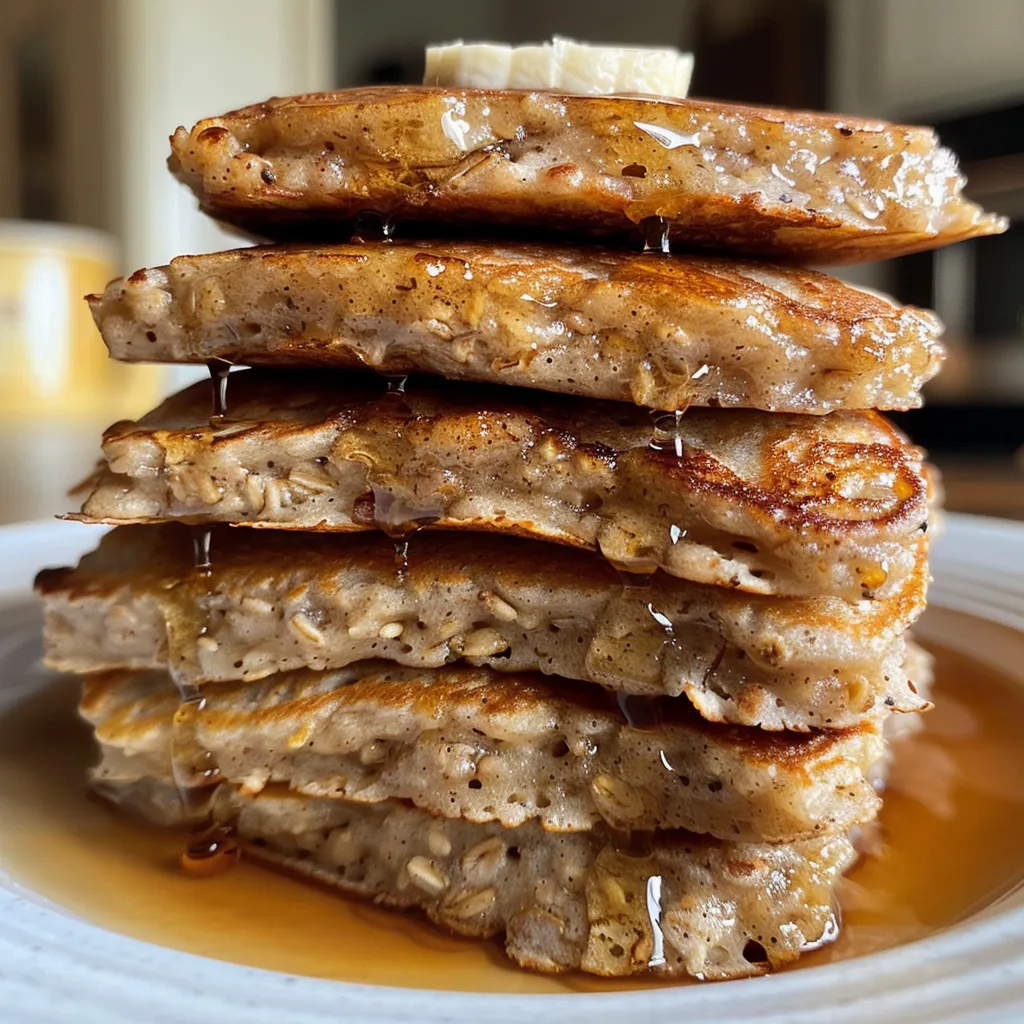 Side view of fluffy banana oatmeal pancakes drizzled with syrup.