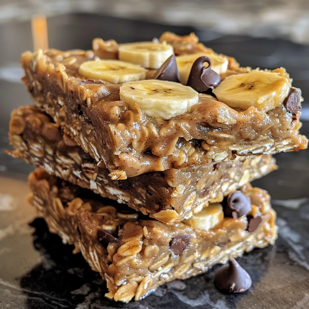 Side view of golden brown Banana Peanut Butter Oatmeal Bars, showing texture and ingredients.