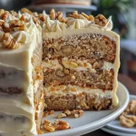 A close-up side view of a luscious banana walnut cream cake layered with cream cheese frosting and topped with walnuts.