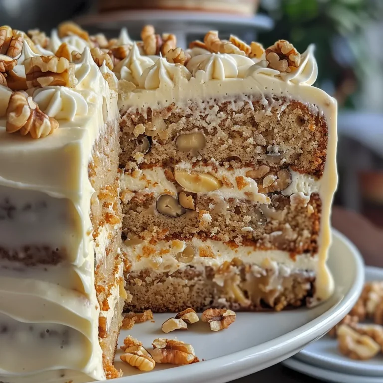 A close-up side view of a luscious banana walnut cream cake layered with cream cheese frosting and topped with walnuts.