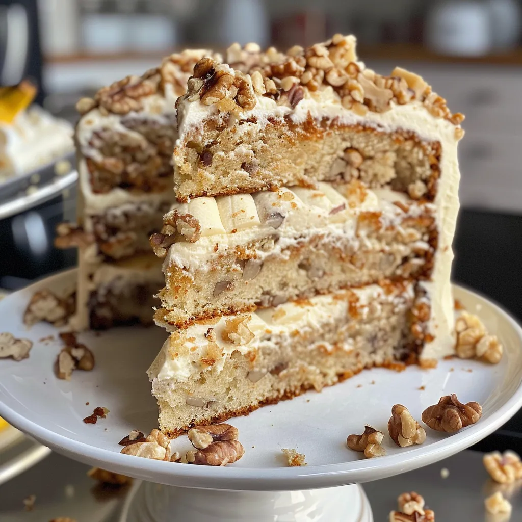 A detailed side view of a moist Banana Walnut Cream Cake showcasing its creamy frosting and walnut decoration.