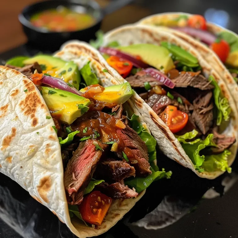 Close-up view of a BBQ beef and avocado wrap with fresh vegetables.