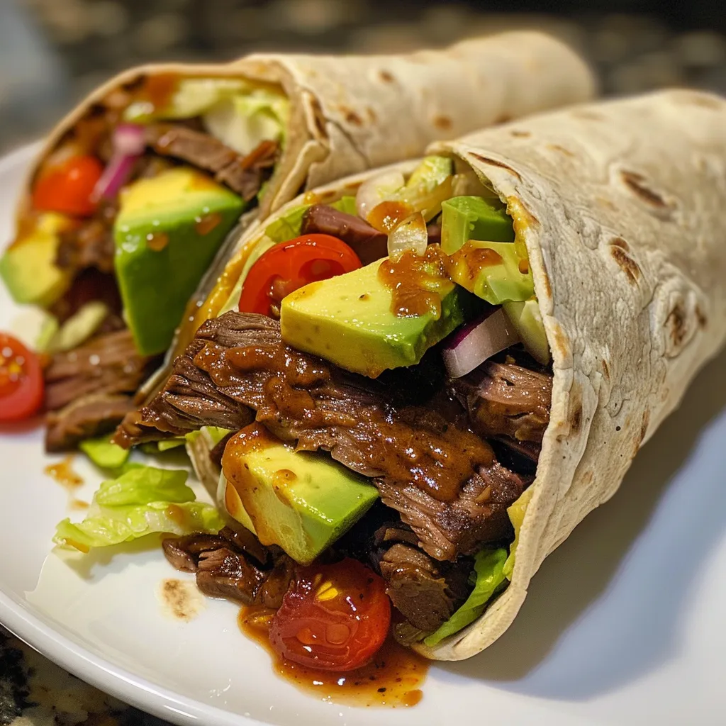 Side view of a delicious BBQ beef wrap filled with avocado and colorful veggies.