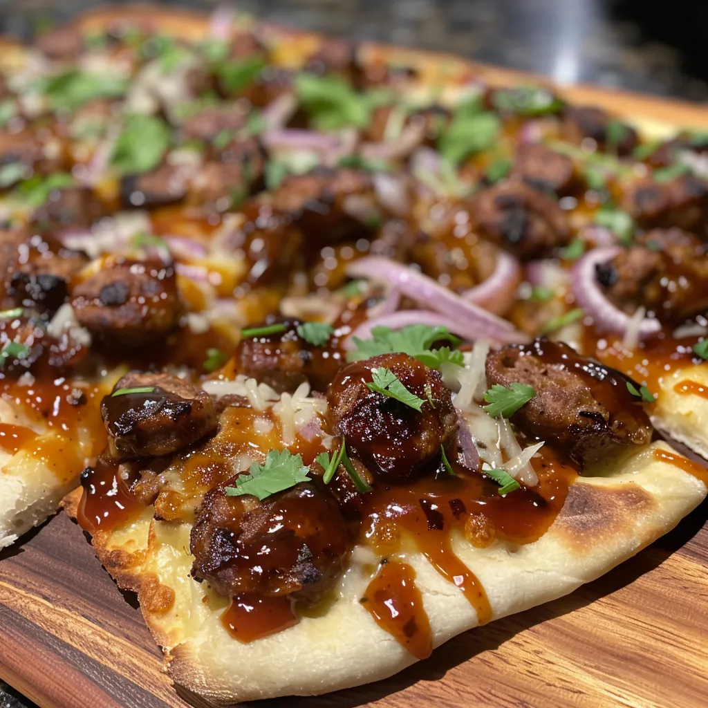 Juicy BBQ beef sausage pizza on flatbread with vibrant red onions.