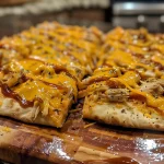 Close-up view of BBQ Cheddar Turkey Flatbread with melted cheese and BBQ sauce.
