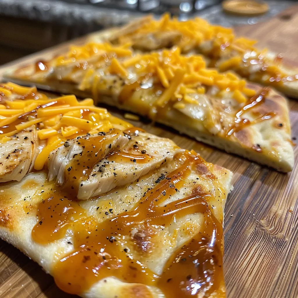 Side view of a delicious BBQ Cheddar Turkey Flatbread topped with shredded cheese.