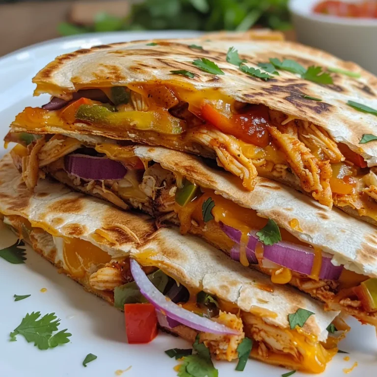 Juicy BBQ chicken quesadilla with melted cheese and colorful vegetables.
