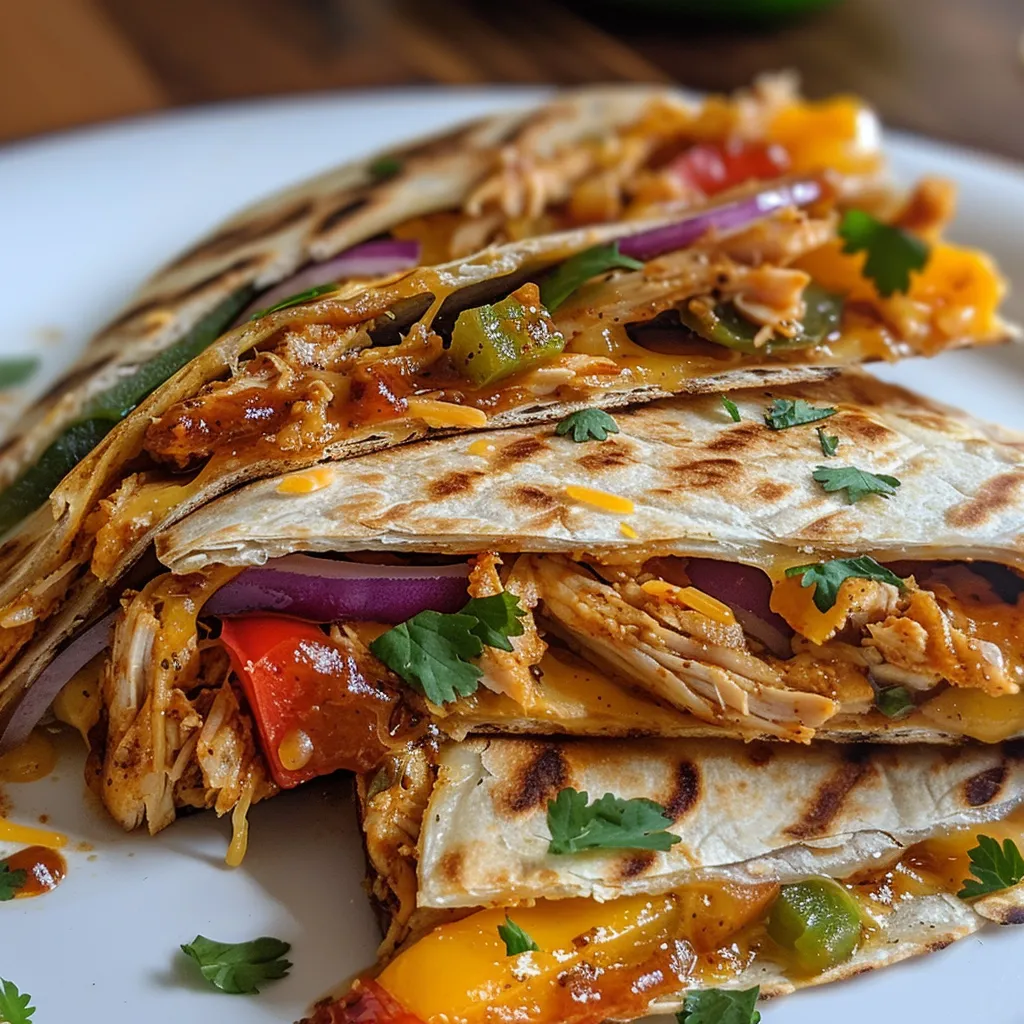 Close-up view of a BBQ chicken quesadilla filled with shredded chicken and bell peppers.