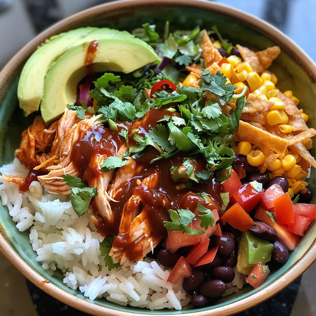 Close-up of a BBQ chicken rice bowl with diced chicken, salsa, and avocado slices.