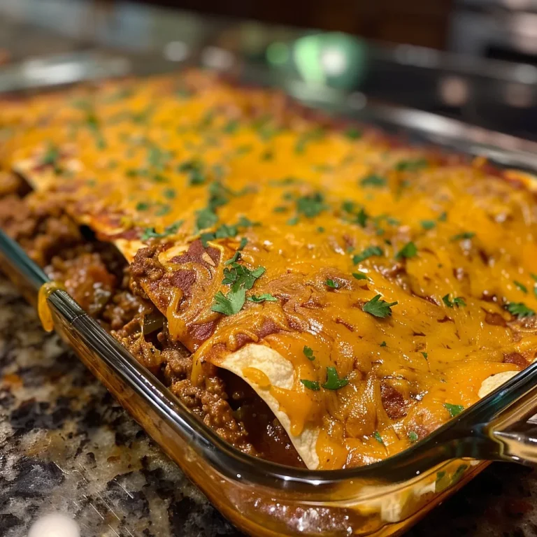 A Flavorful Fiesta: The Beef and Cheese Enchilada Bake That Brings Joy to the Table Close-up side view of a beef and cheese enchilada bake, showcasing layers of tortillas and melted cheese.