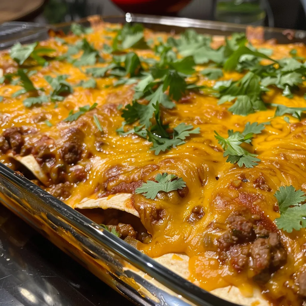 Juicy beef and cheesy enchilada bake displayed in a baking dish, highlighting its fresh ingredients and golden crust.