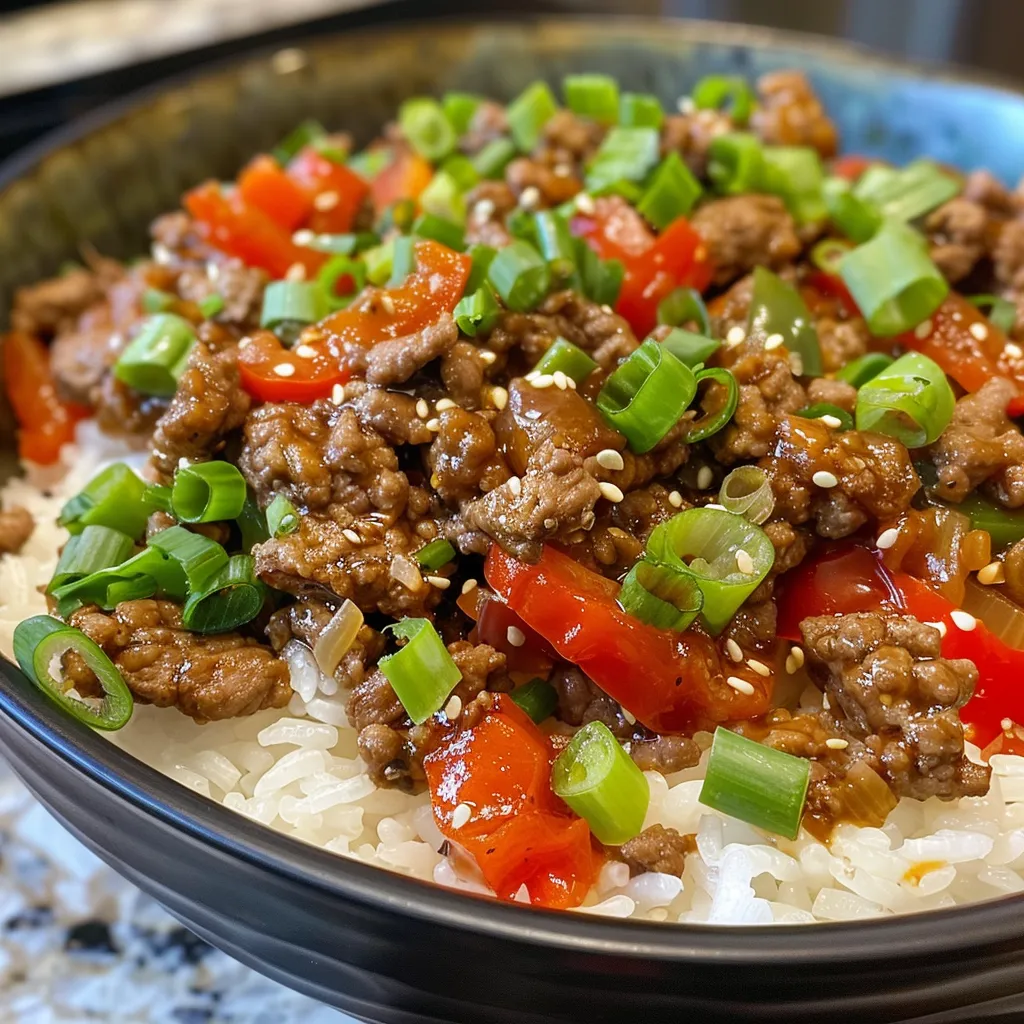 Side view of a Beef and Pepper Rice Bowl with vibrant diced peppers and garnished with green onions.
