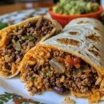 Close-up side view of juicy beef burritos on a plate.