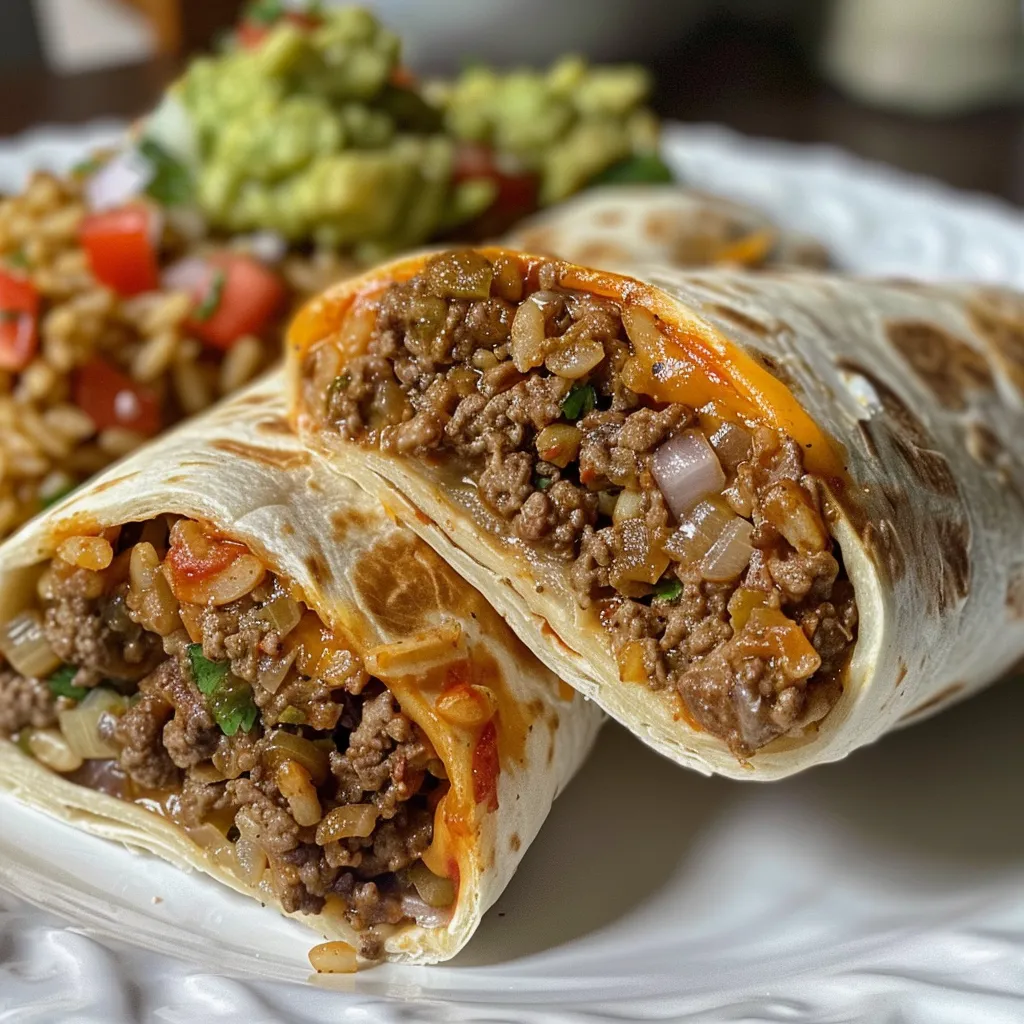 Succulent beef burritos stuffed with rice and beans, garnished with toppings.