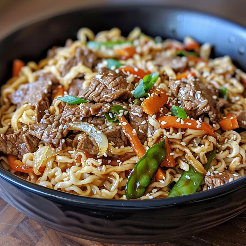 Side view of a steaming bowl of Beef Chow Mein, showcasing noodles and beef.