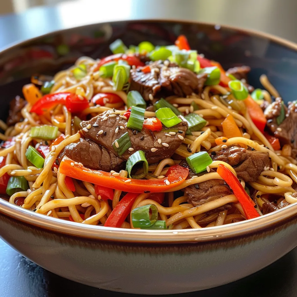 Juicy beef lo mein served with vibrant red bell peppers and green onions.
