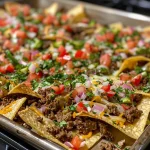 A close-up view of a plate of beef nachos with melted cheese and toppings.