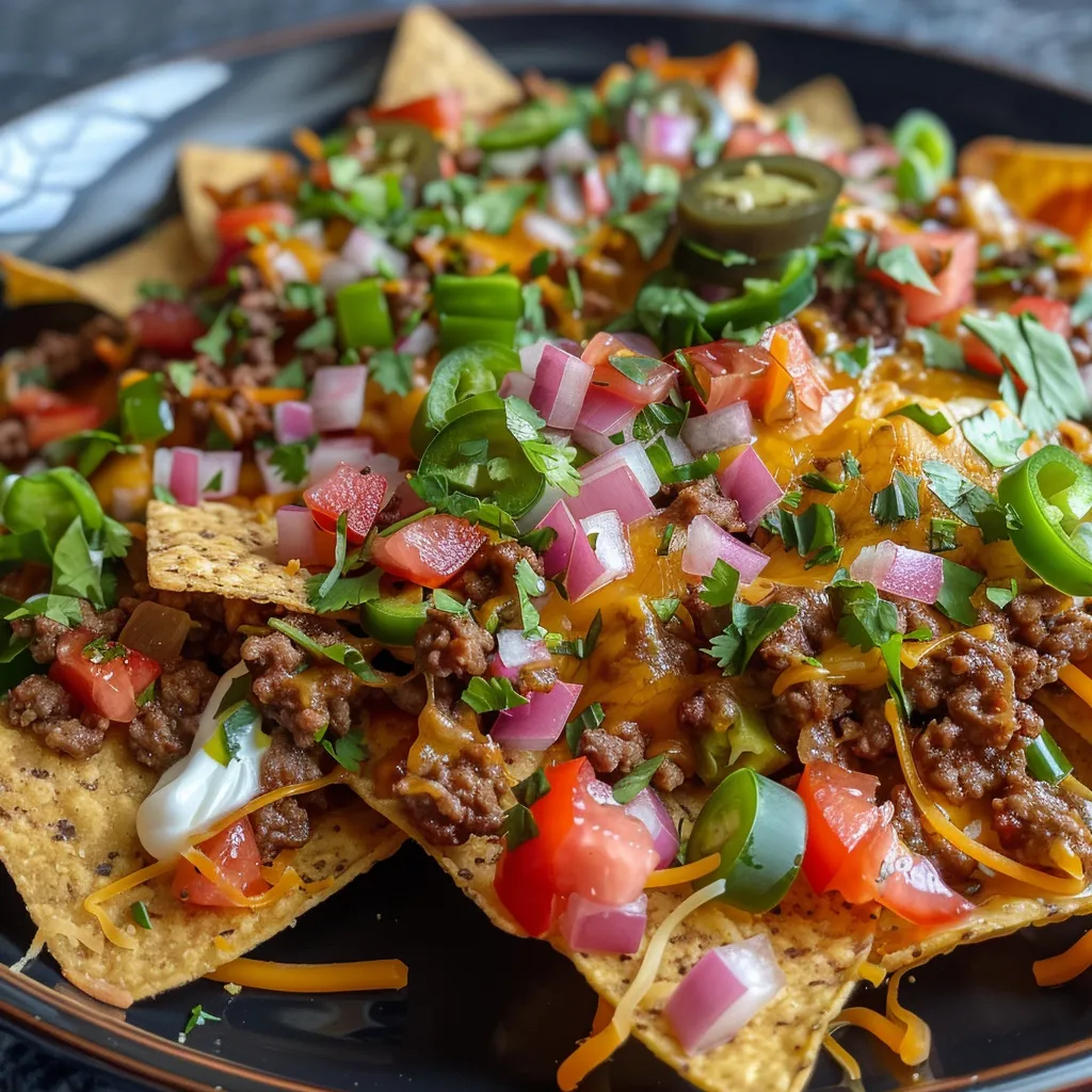 Juicy beef nachos piled high with cheese and garnished with fresh toppings.