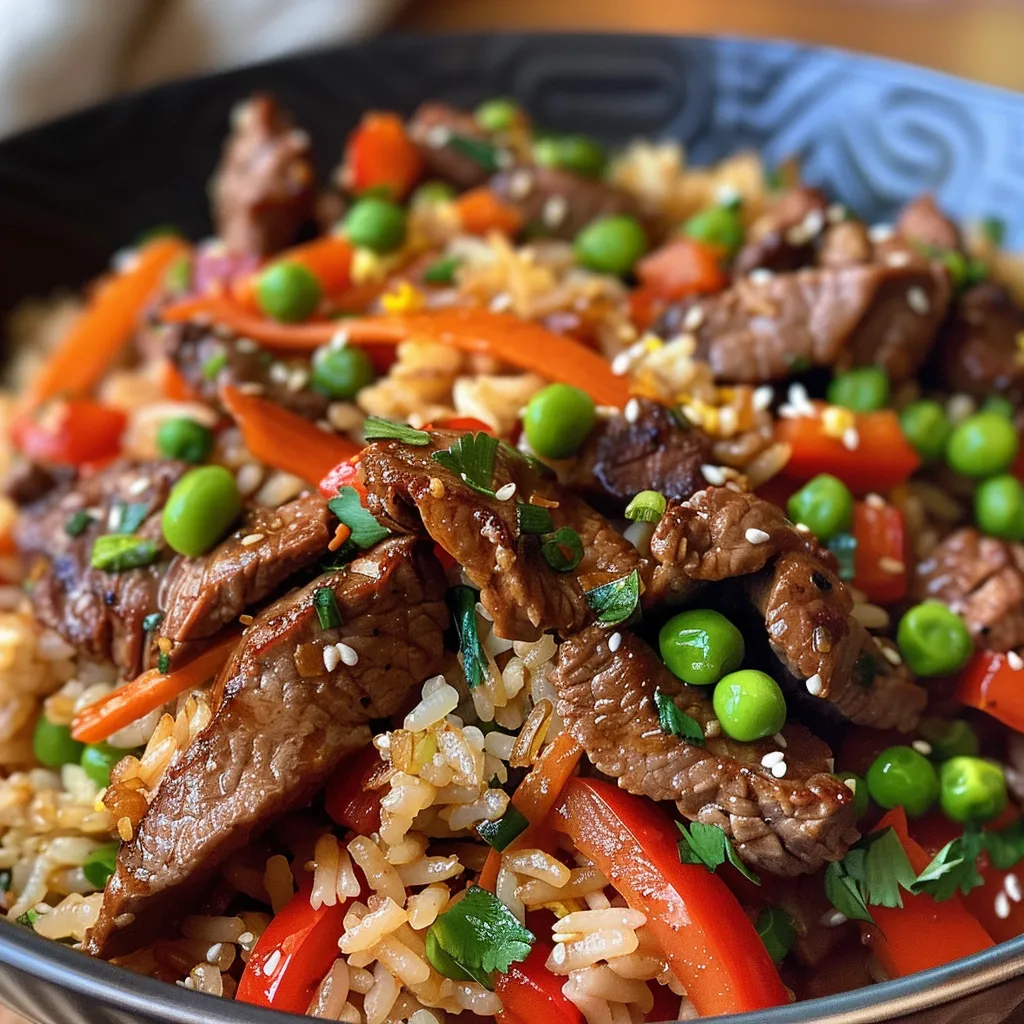 Juicy slices of beef stir-fried with colorful bell peppers, served with fried rice.
