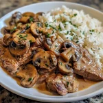 Close-up of a plate featuring Beef Stroganoff served over rice, garnished with fresh herbs.