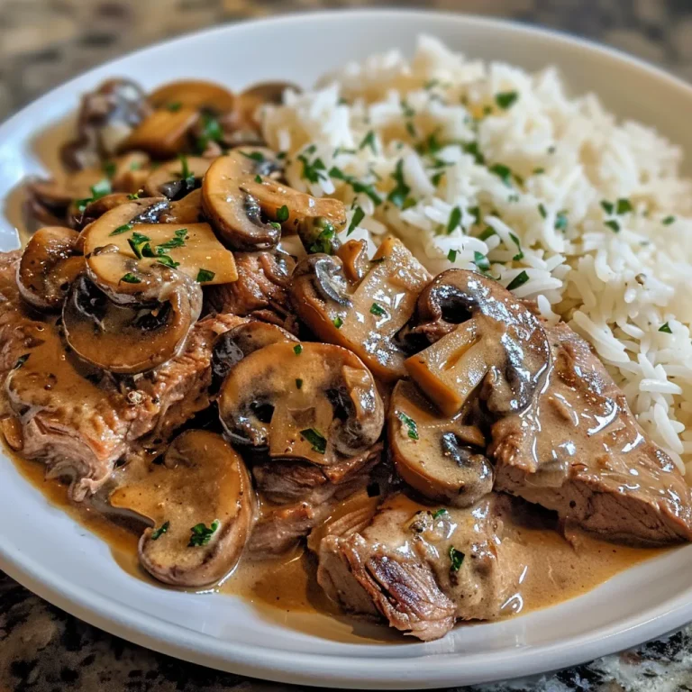 Close-up of a plate featuring Beef Stroganoff served over rice, garnished with fresh herbs.