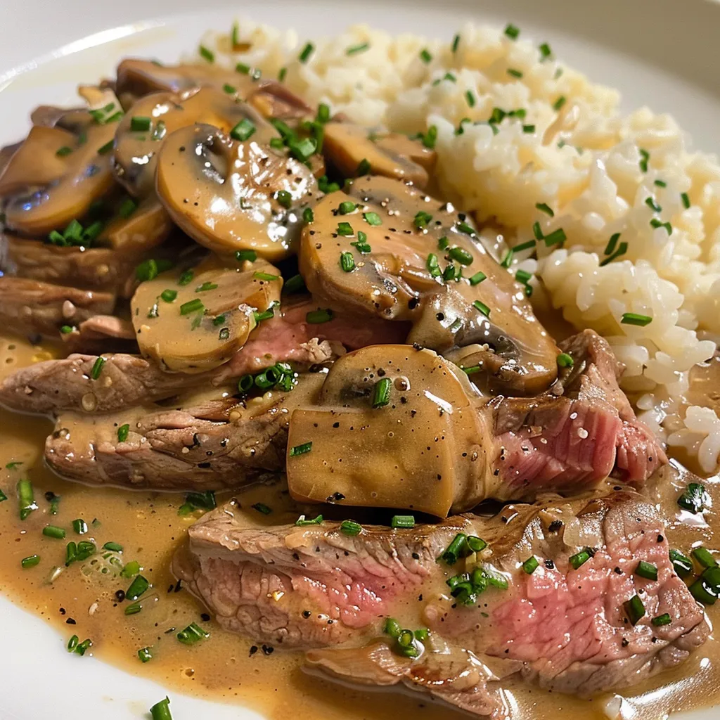 A side view of creamy Beef Stroganoff with tender beef and mushrooms atop fluffy white rice.