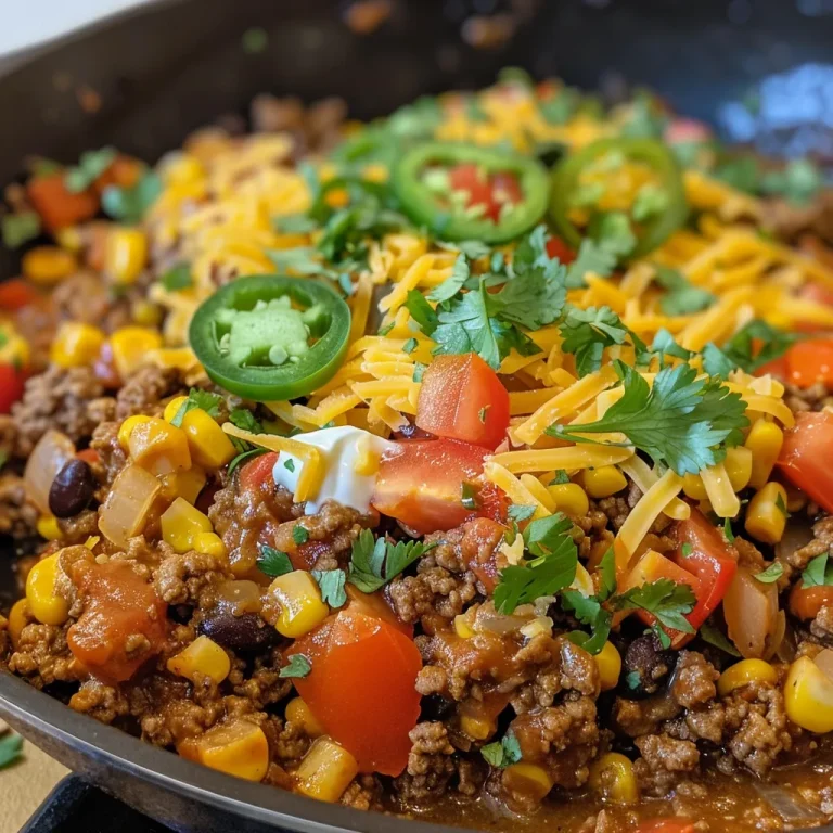 One-Pan Beef Taco Skillet A Flavorful Fiesta for Any Night A close-up view of a Beef Taco Skillet with colorful ingredients like beef, bell peppers, and cheese.