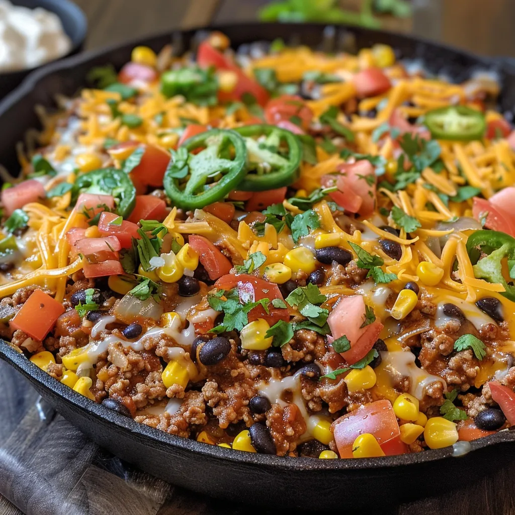 A delicious Beef Taco Skillet featuring ground beef, diced vegetables, and melted cheese from a side angle.