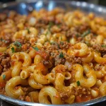 Close-up view of a bowl of Beefaroni featuring juicy pasta and ground beef.
