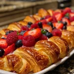 A close-up side view of a baked berry croissant dish with colorful mixed berries.