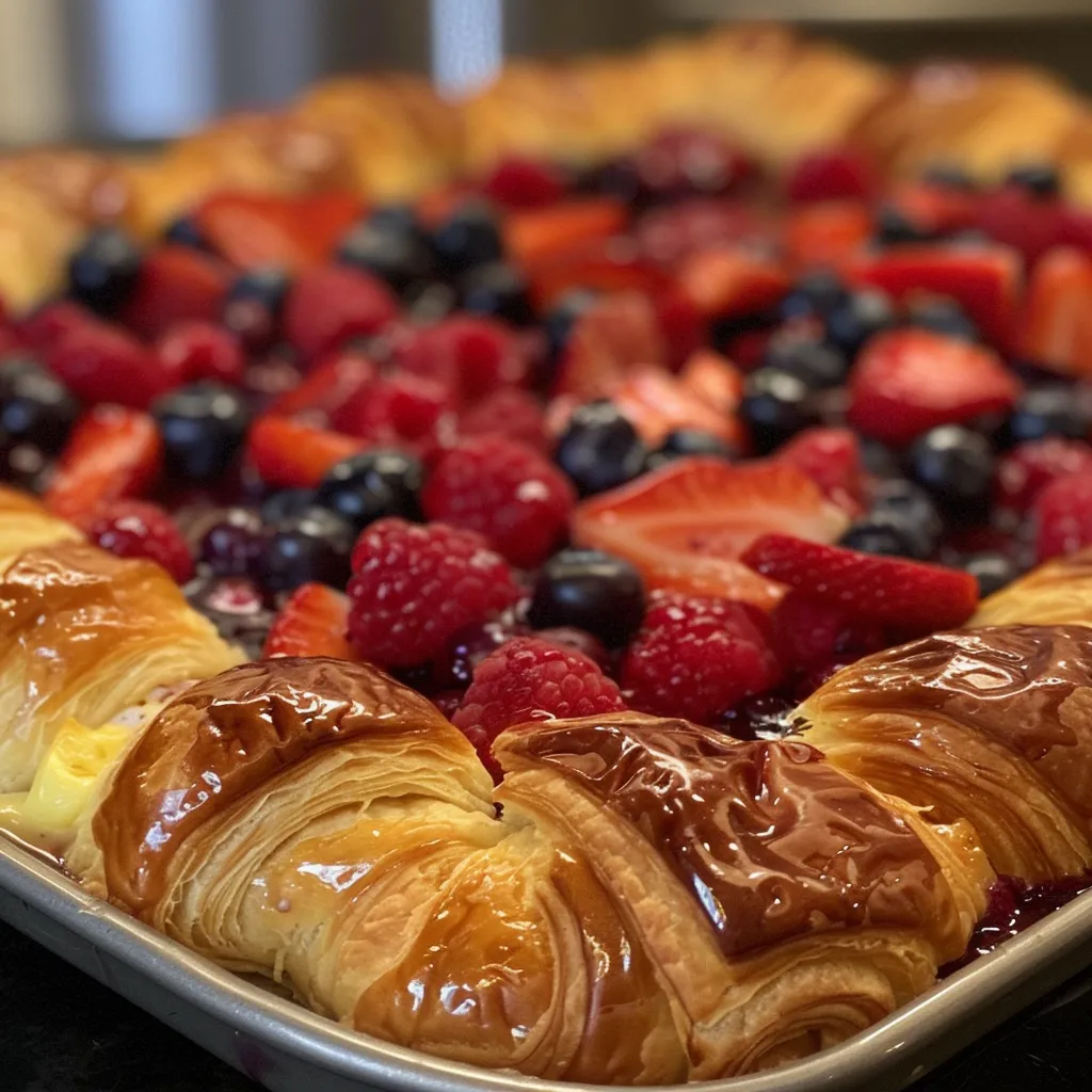 Juicy berry croissant bake featuring strawberries, blueberries, and raspberries in a creamy mixture.