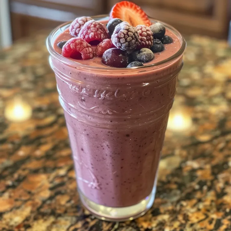 Sip into Sunshine The Berry Protein Smoothie That Energizes Your Day Close-up view of a berry protein smoothie in a glass, surrounded by fresh berries.