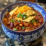 Close-up view of a bowl of beef chili topped with shredded cheddar cheese and green onions.