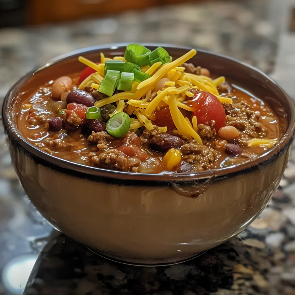 Side angle of a hearty beef chili garnished with Fritos and cheese, showcasing rich tomato color.