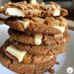 Close-up of baked Biscoff Cookie Butter white chocolate chip cookies on a plate.