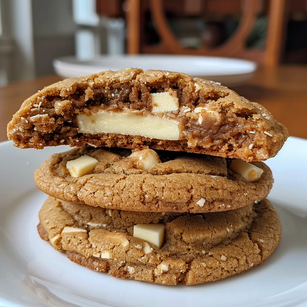 Side view of golden brown cookies with white chocolate chips and Biscoff spread.