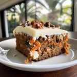 Close-up view of a bite-sized carrot cake piece topped with cream cheese frosting.