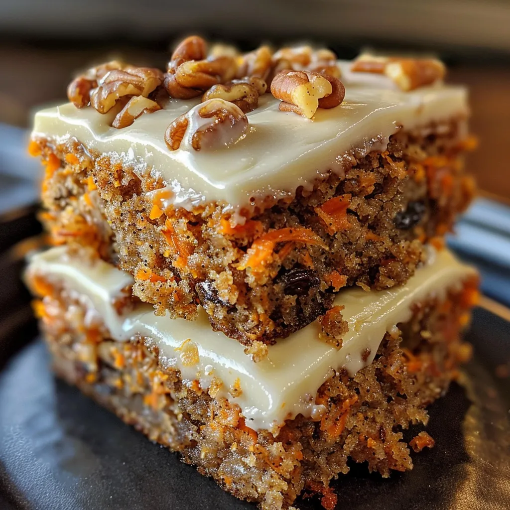 Side view of a moist carrot cake with a sprinkle of walnuts and raisins.