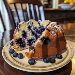 Close-up side view of a sliced blueberry lemon pound cake with a golden crust and juicy blueberries.
