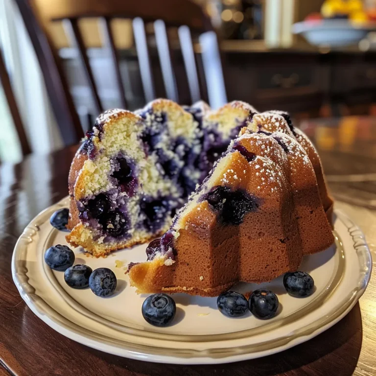Close-up side view of a sliced blueberry lemon pound cake with a golden crust and juicy blueberries.
