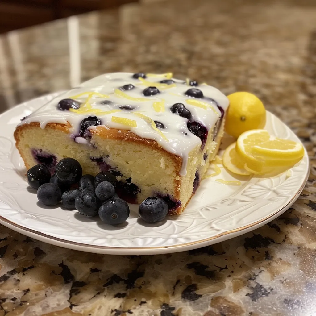 Side perspective of a blueberry lemon pound cake showcasing its moist texture and vibrant blueberries.